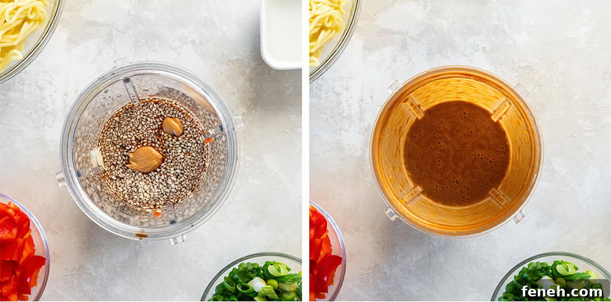 Two images of peanut sauce being made in a small blender.