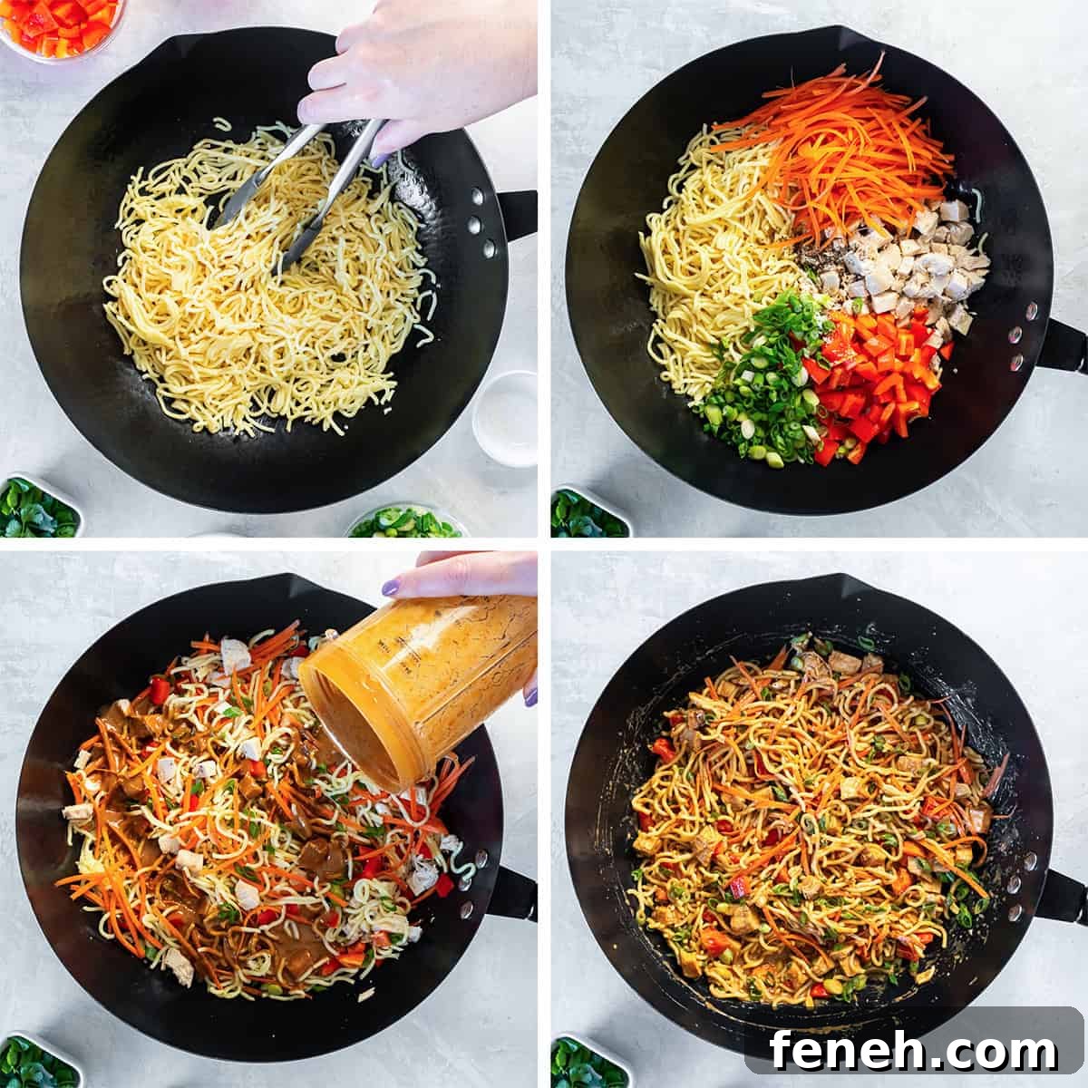 Four images of peanut noodles with chicken being assembled in a pan.