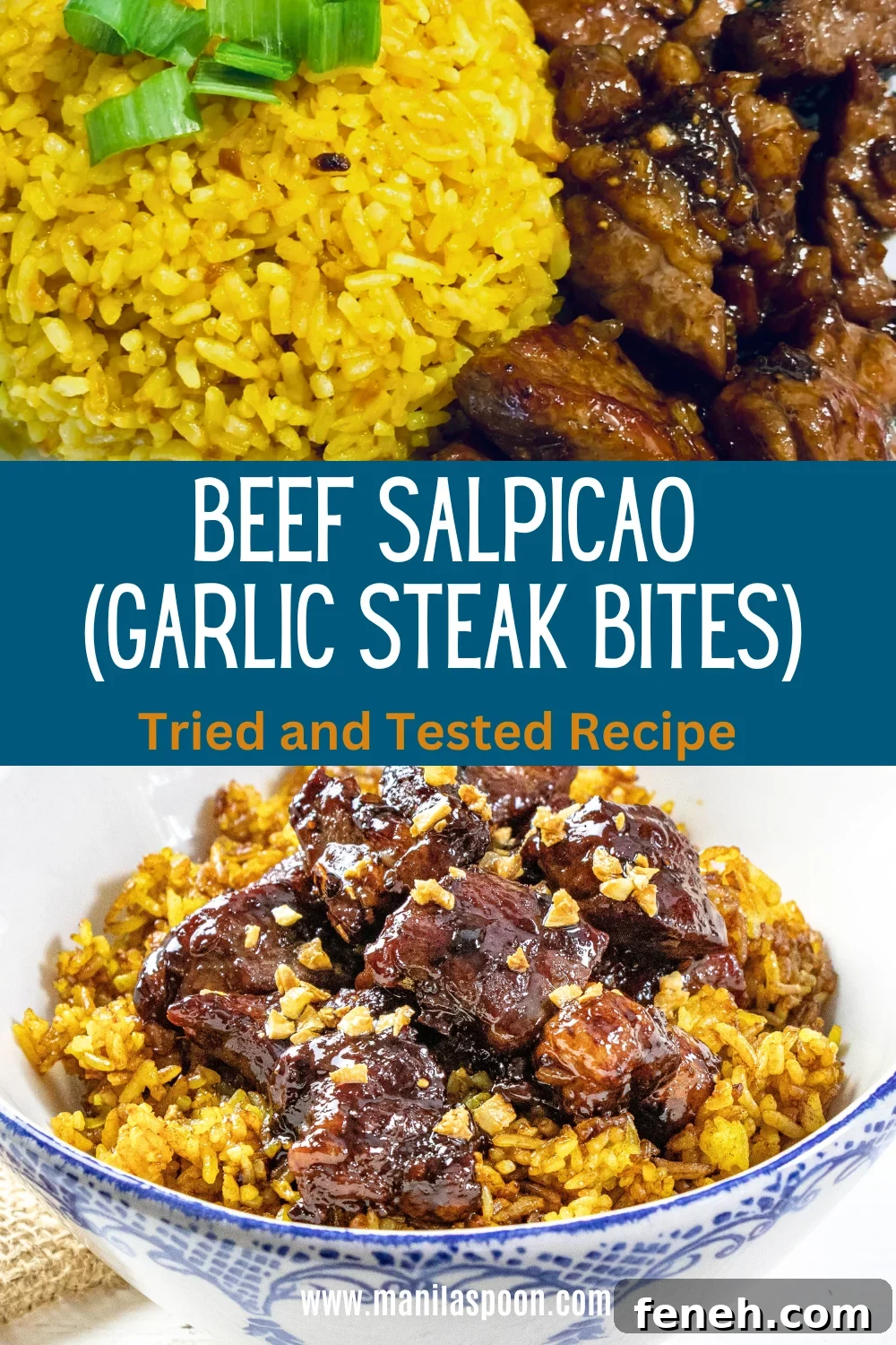 Beef Salpicao (Filipino Garlic and Butter Steak Bites) over yellow rice Image pin