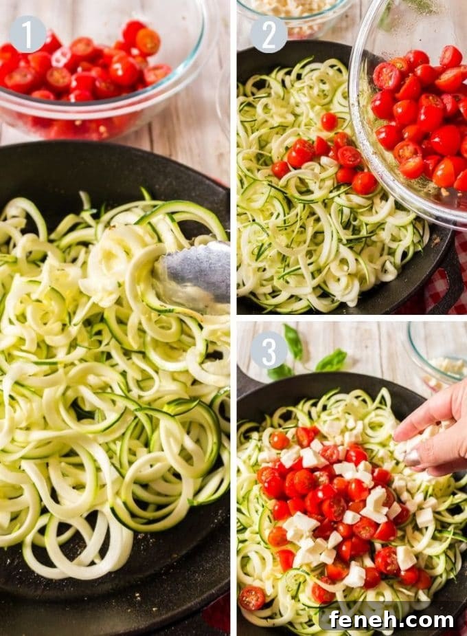 zoodles in a skillet wth tomatoes