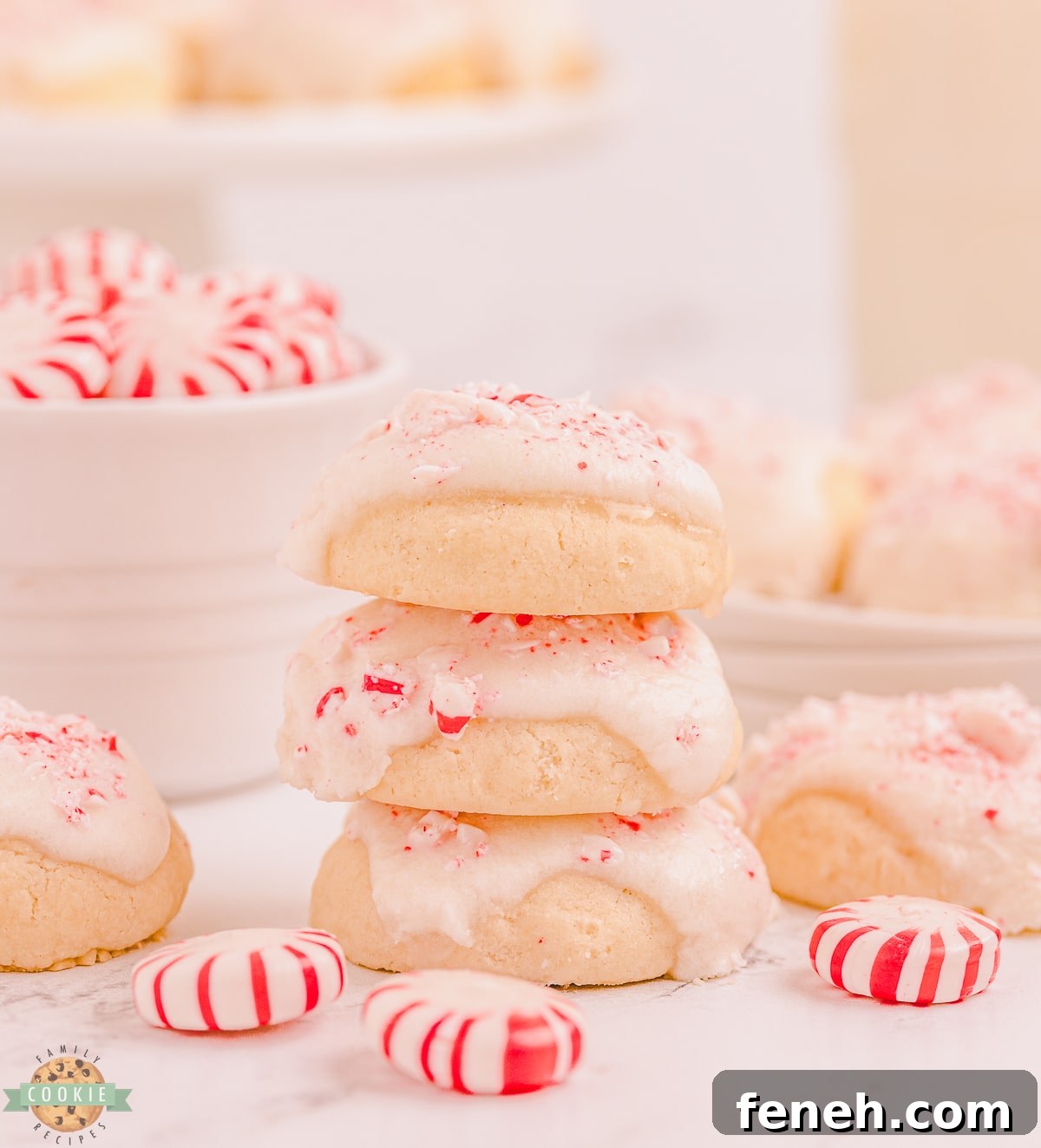 Stack of peppermint vanilla shortbread cookies.