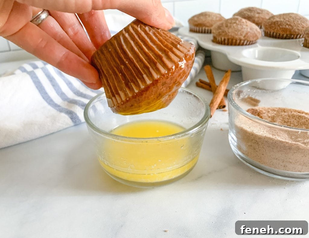 Dip the tops of the donut muffins in butter