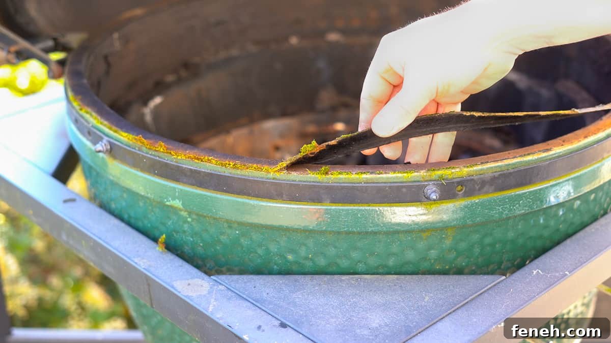 Replace the Gasket on a Big Green Egg Without Taking Off the Lid 3 Removing the gasket from a Big Green Egg grill