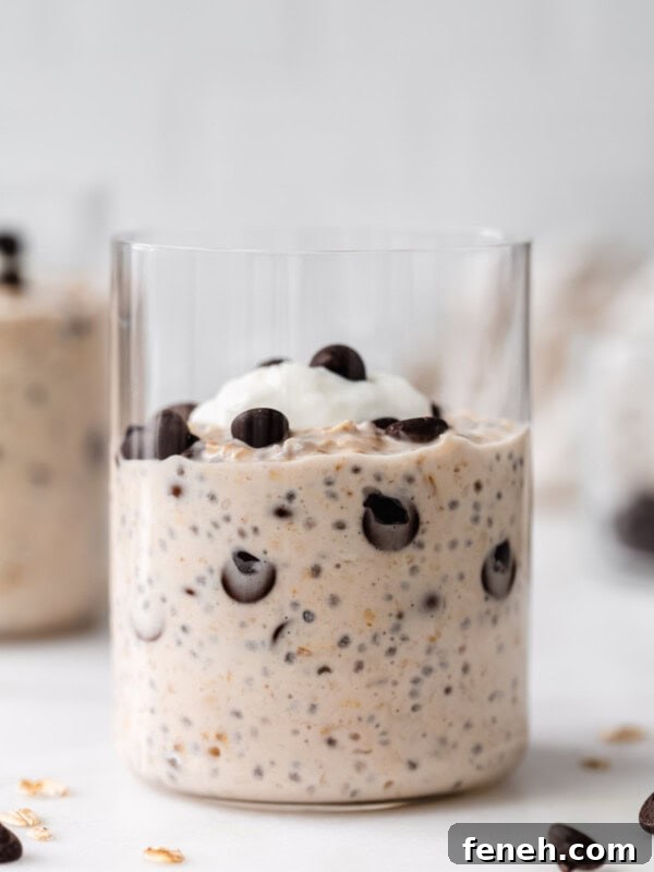 chocolate chip cookie dough overnight oats in a glass