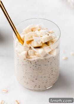 banana overnight oats in a cup with a gold spoon