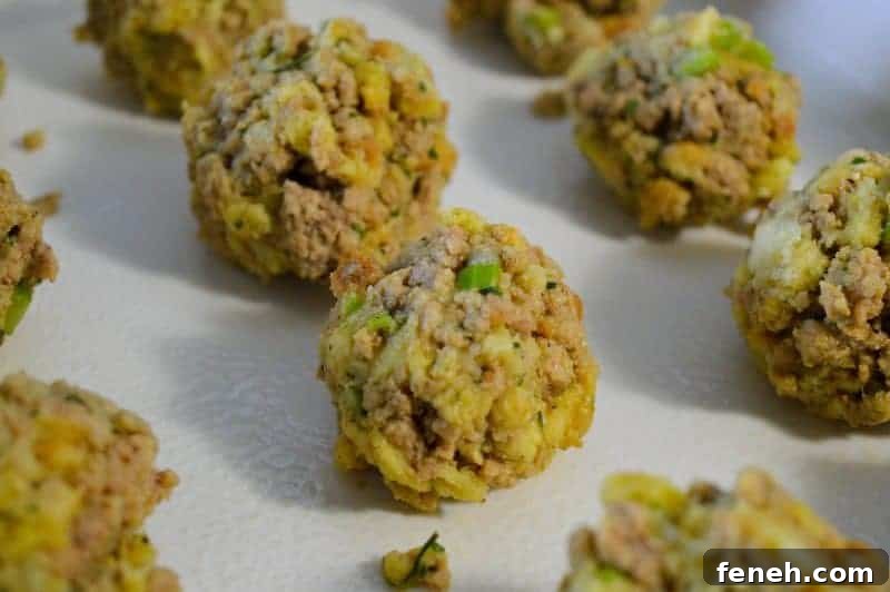 If you’re looking for an easy appetizer to bring to a potluck or holiday dinner, these Turkey and Stuffing Balls are a wonderful option.