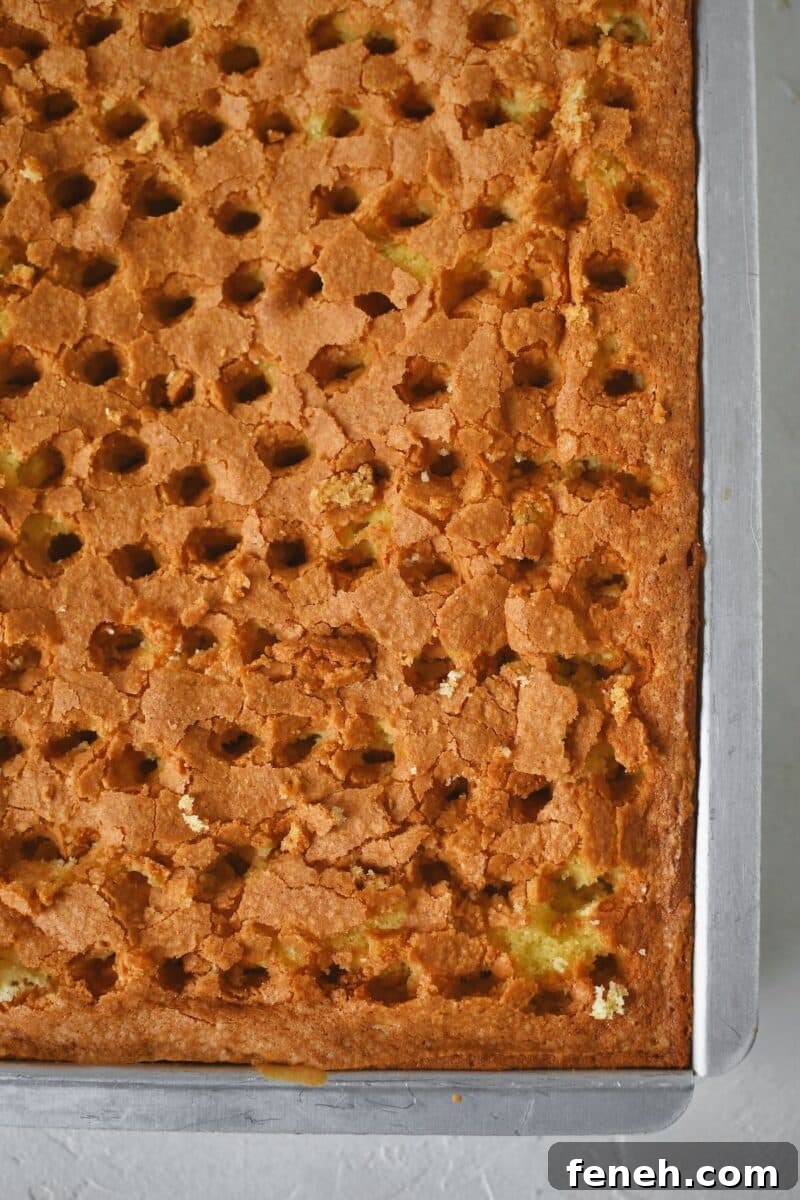 Freshly baked cake just out of the oven, poked with the back of a wooden spoon to create holes.