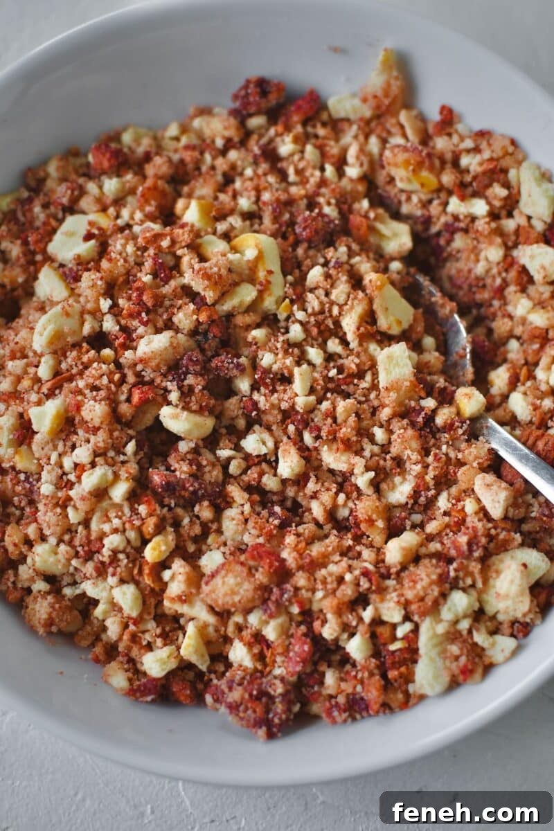 Crushed butter cookies and freeze dried strawberries in a bowl with butter added, after mixing together.
