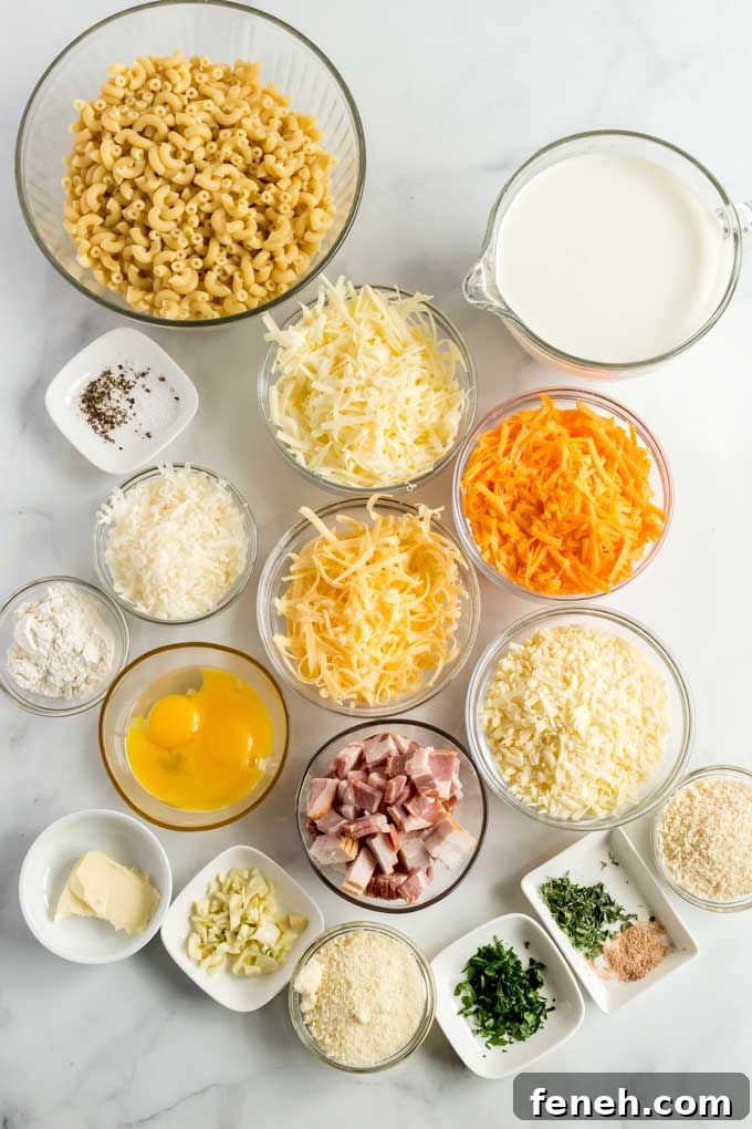 Ingredients to make this easy pasta recipe on a marble white counter.