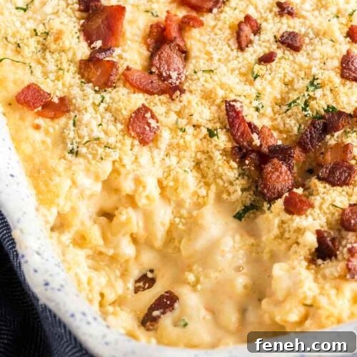 Creamy Mac N Cheese Carbonara in a baking dish with crispy topping.