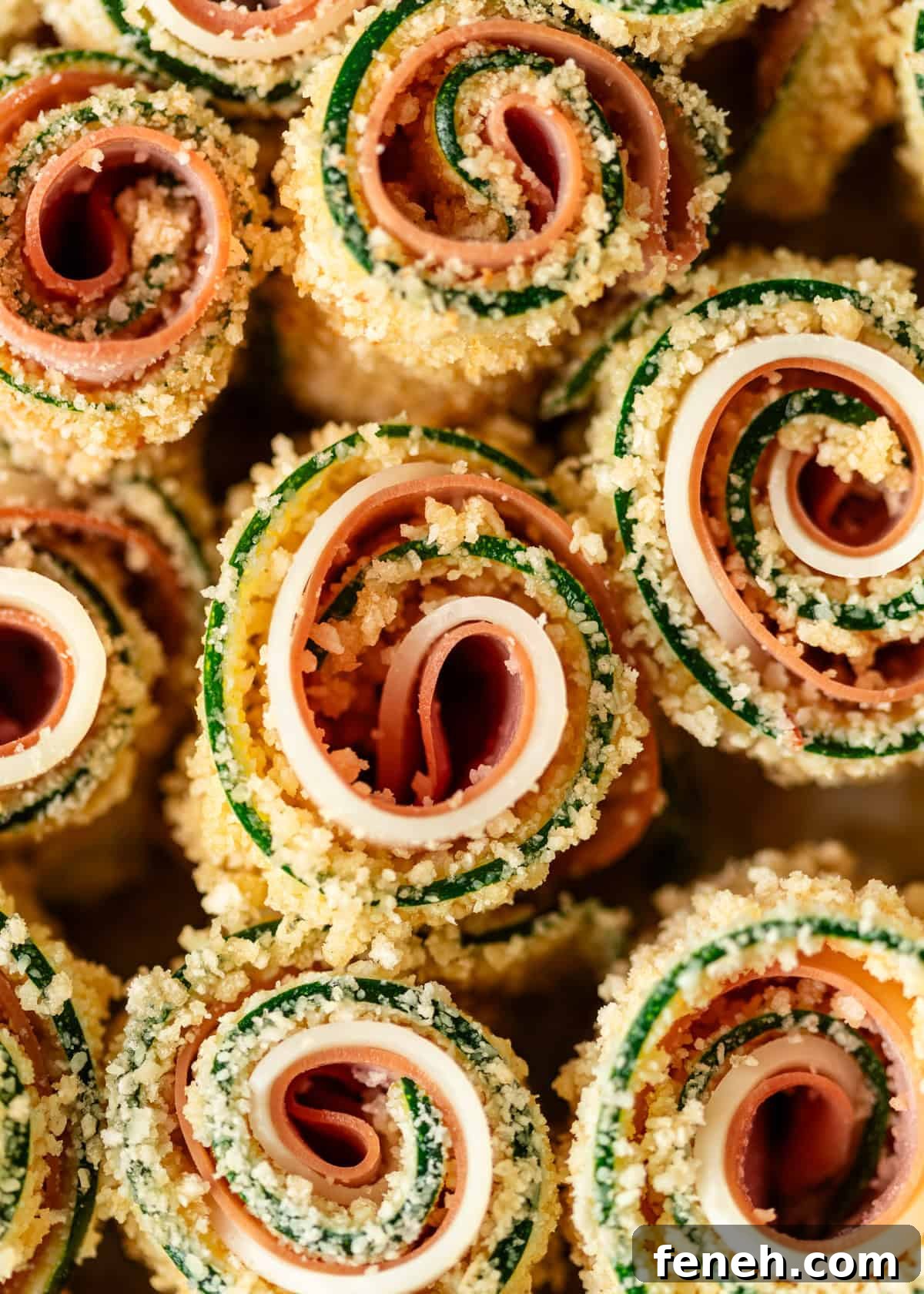 extreme closeup: zucchini rolls before baked