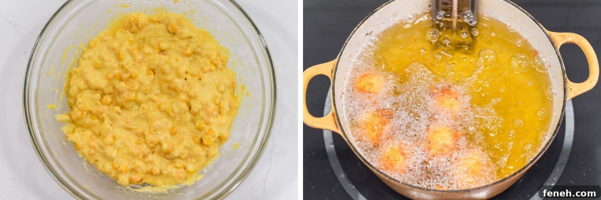 process shots of making corn nugget mixture and frying in oil
