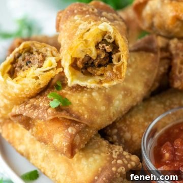 taco egg roll cut in half on top of other egg rolls