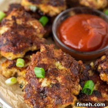 Chicken fritters on plate with ketchup.