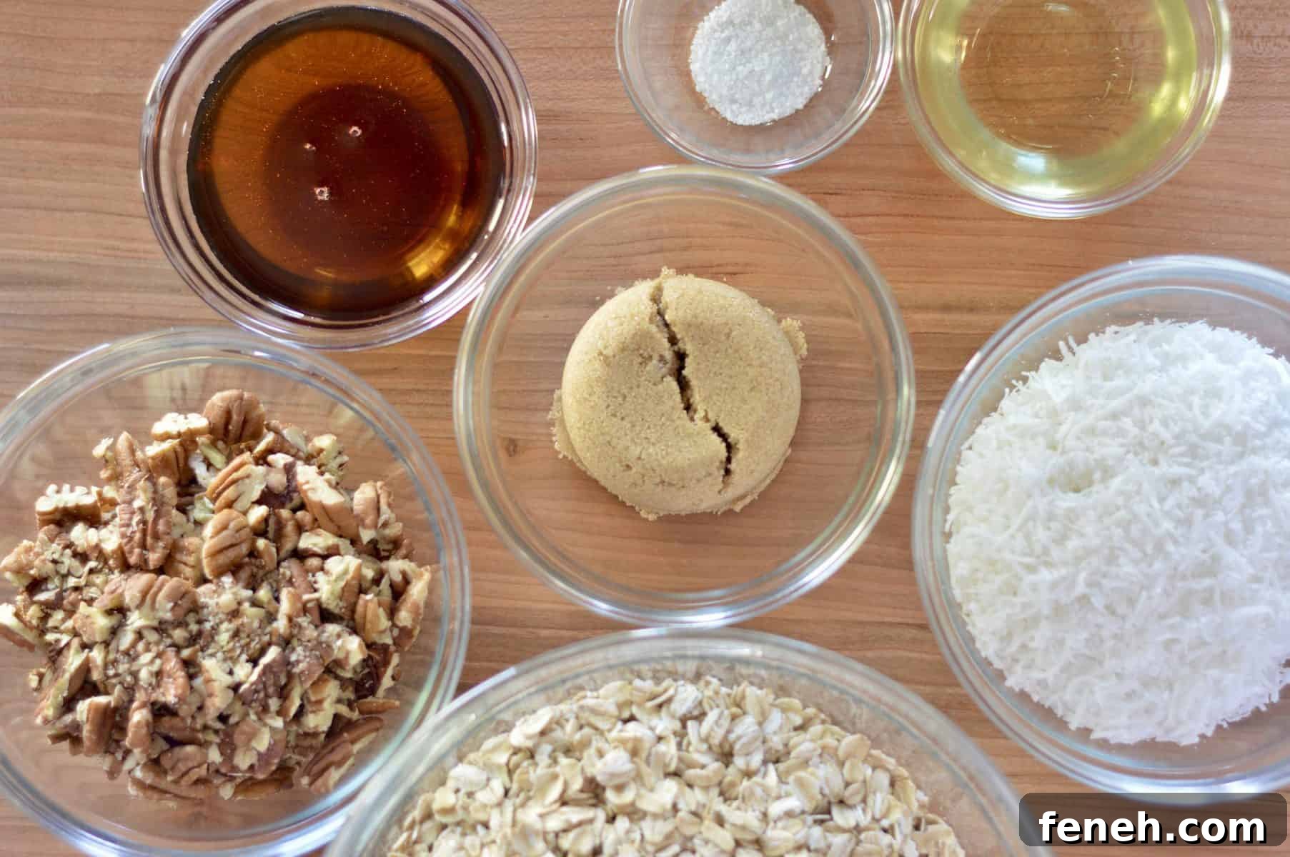 overhead photo of ingredients needed to make homemade granola. 