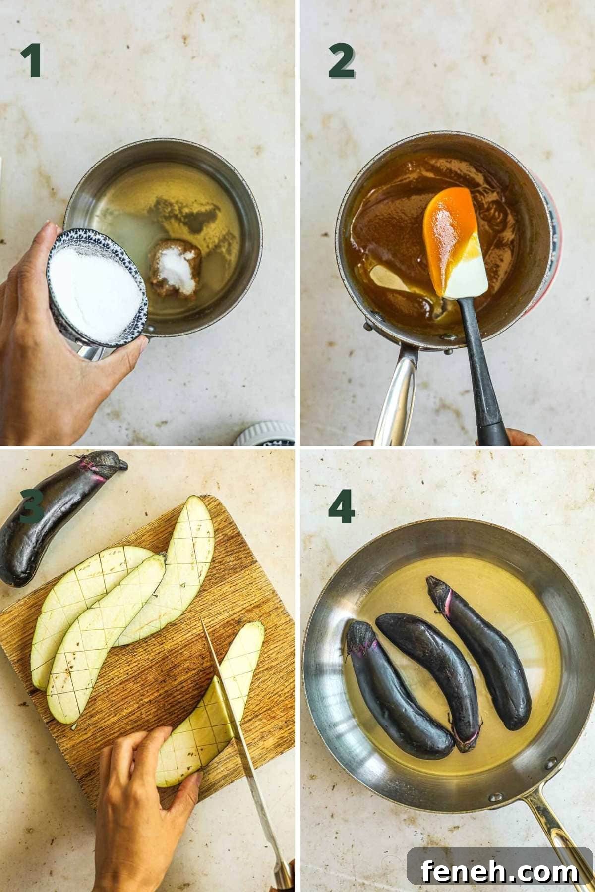Instructions to make miso glazed Japanese eggplant, including making the miso sauce, slicing the eggplant in a crosshatch pattern, and frying the eggplant in a skillet.