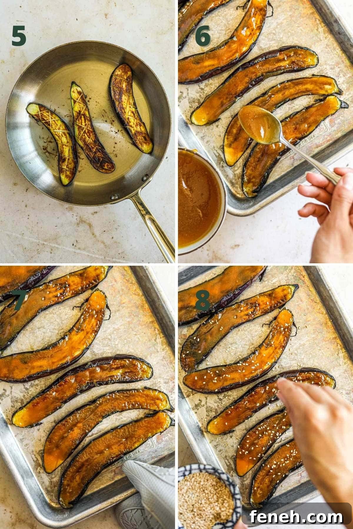 Instructions to make miso glazed Japanese eggplant, including frying the eggplant in a skillet, spreading the glaze on the eggplant, baking it, and sprinkling sesame seeds and green onions on top.