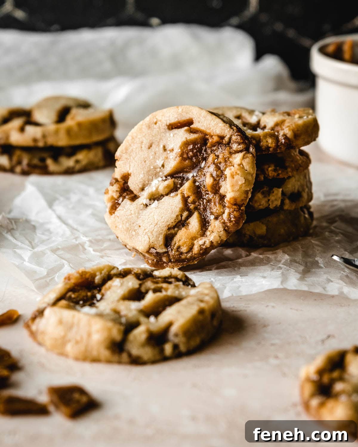 Perfectly buttery toffee shortbread cookies with a sprinkle of sea salt.