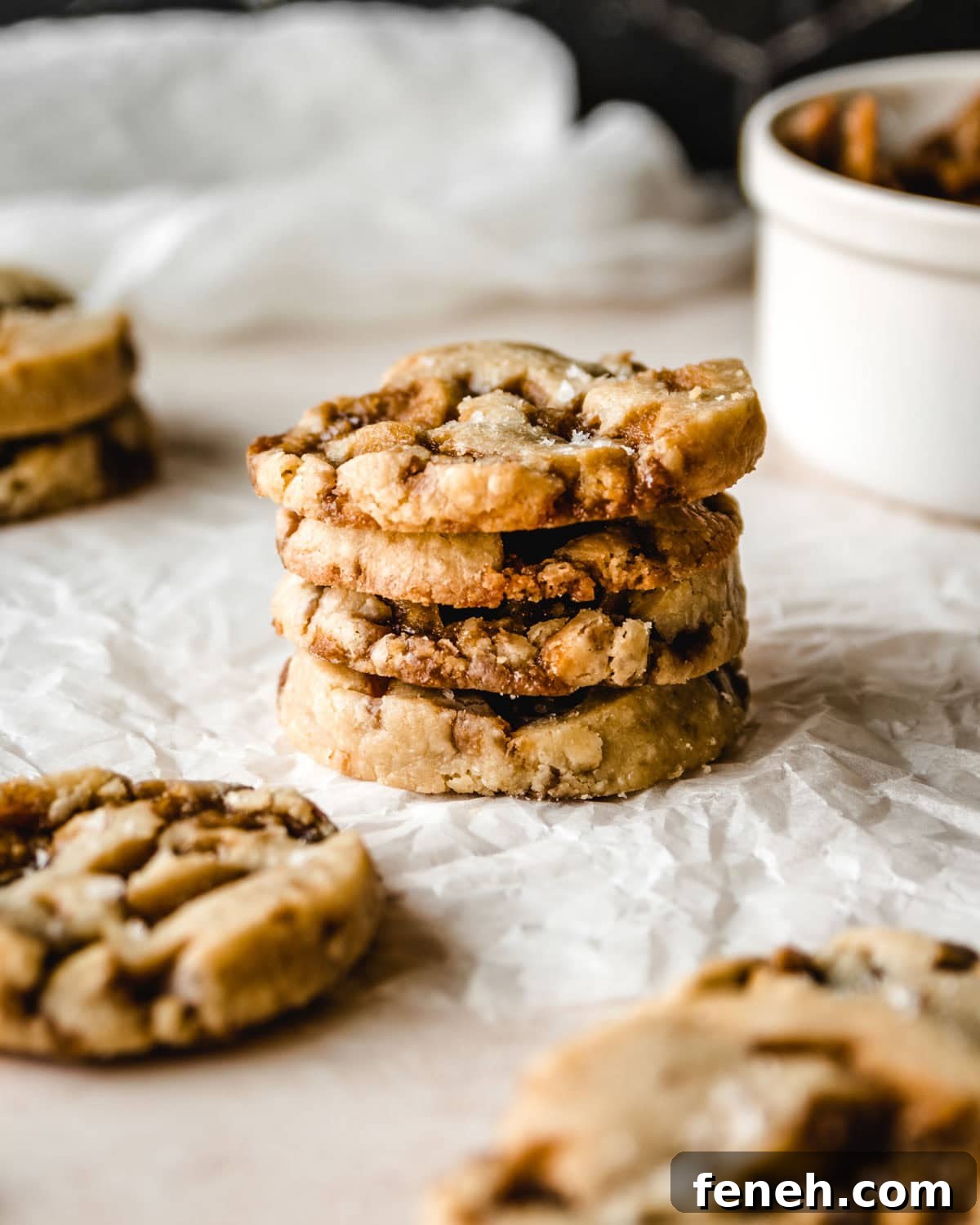 Stack of buttery toffee shortbread cookies.