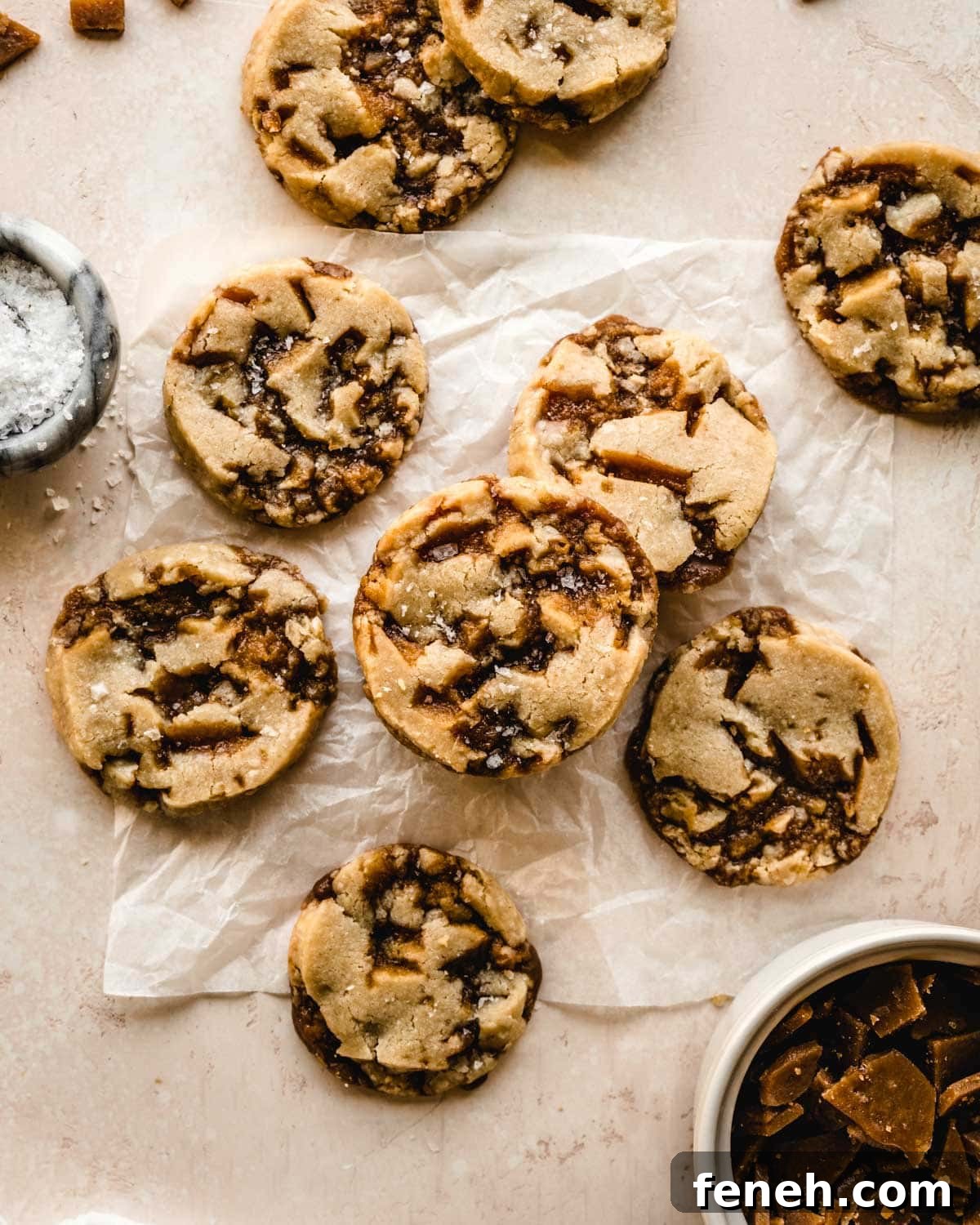 Slice and bake toffee shortbread cookies sprinkled with sea salt.