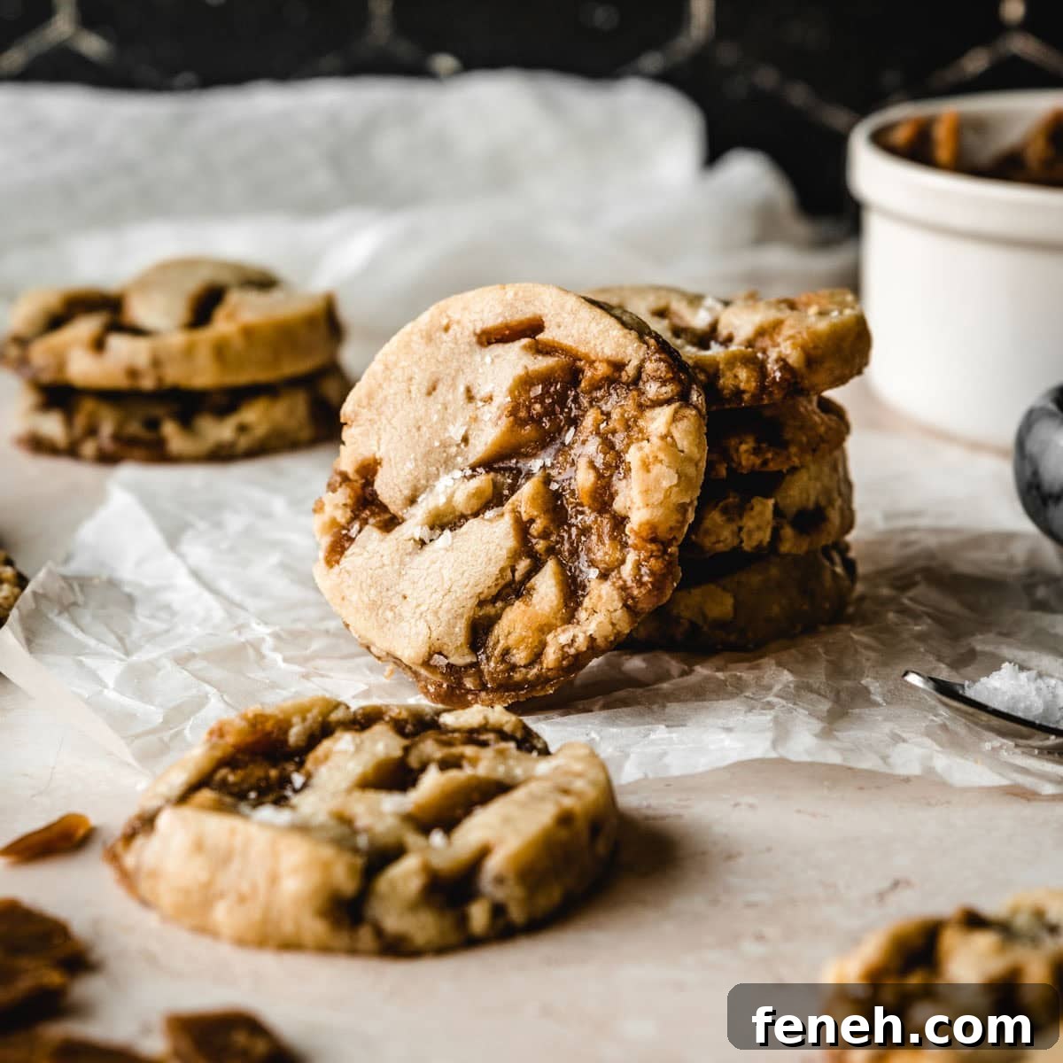 Toffee Shortbread Cookies sprinkled with flaky sea salt.