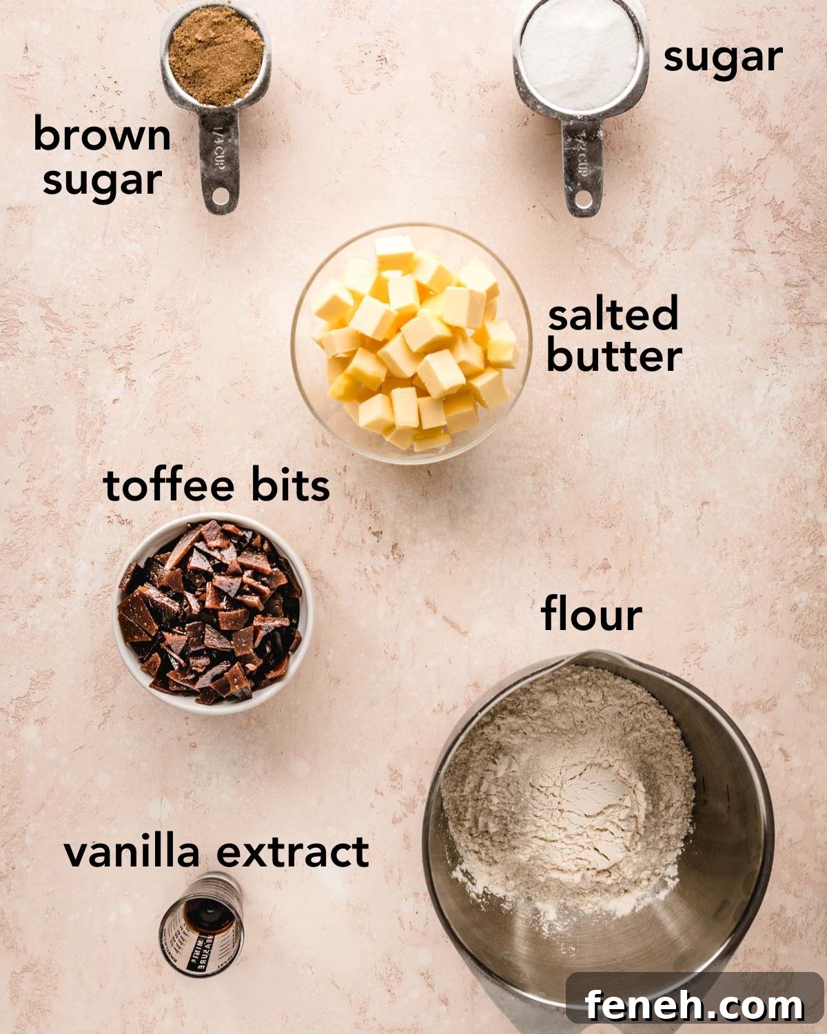 Ingredients needed to make toffee shortbread cookies.