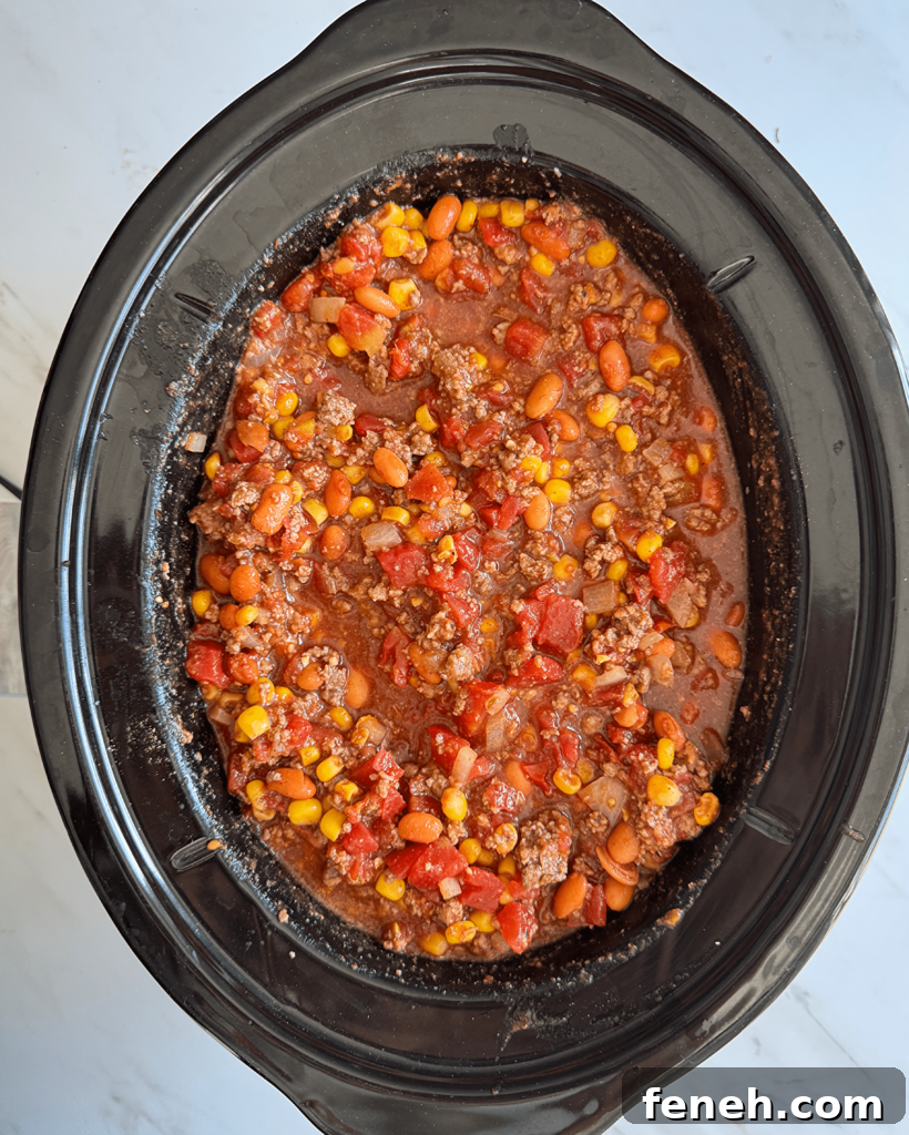 overhead shot of uncooked taco chili in a black slow cooker
