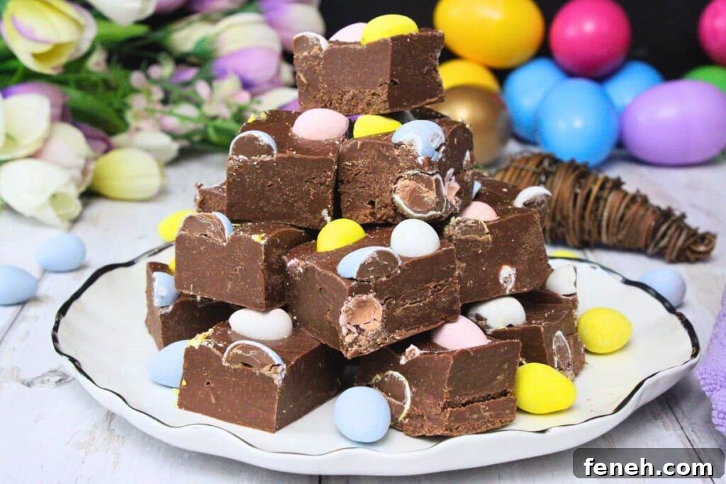 mini egg fudge stacked up on a plate in front of easter eggs and flowers