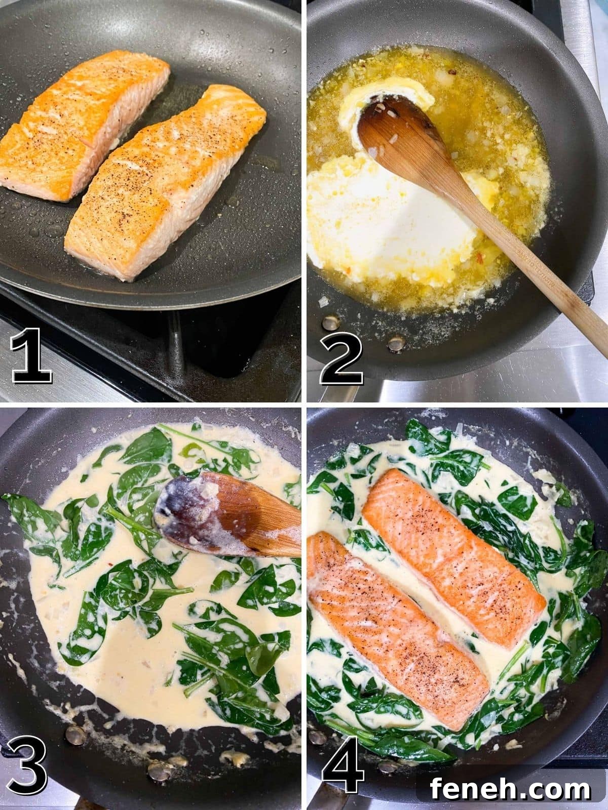 Searing salmon in a pan, making cream sauce, adding spinach, and replacing the salmon filets into the spinach cream sauce. 
