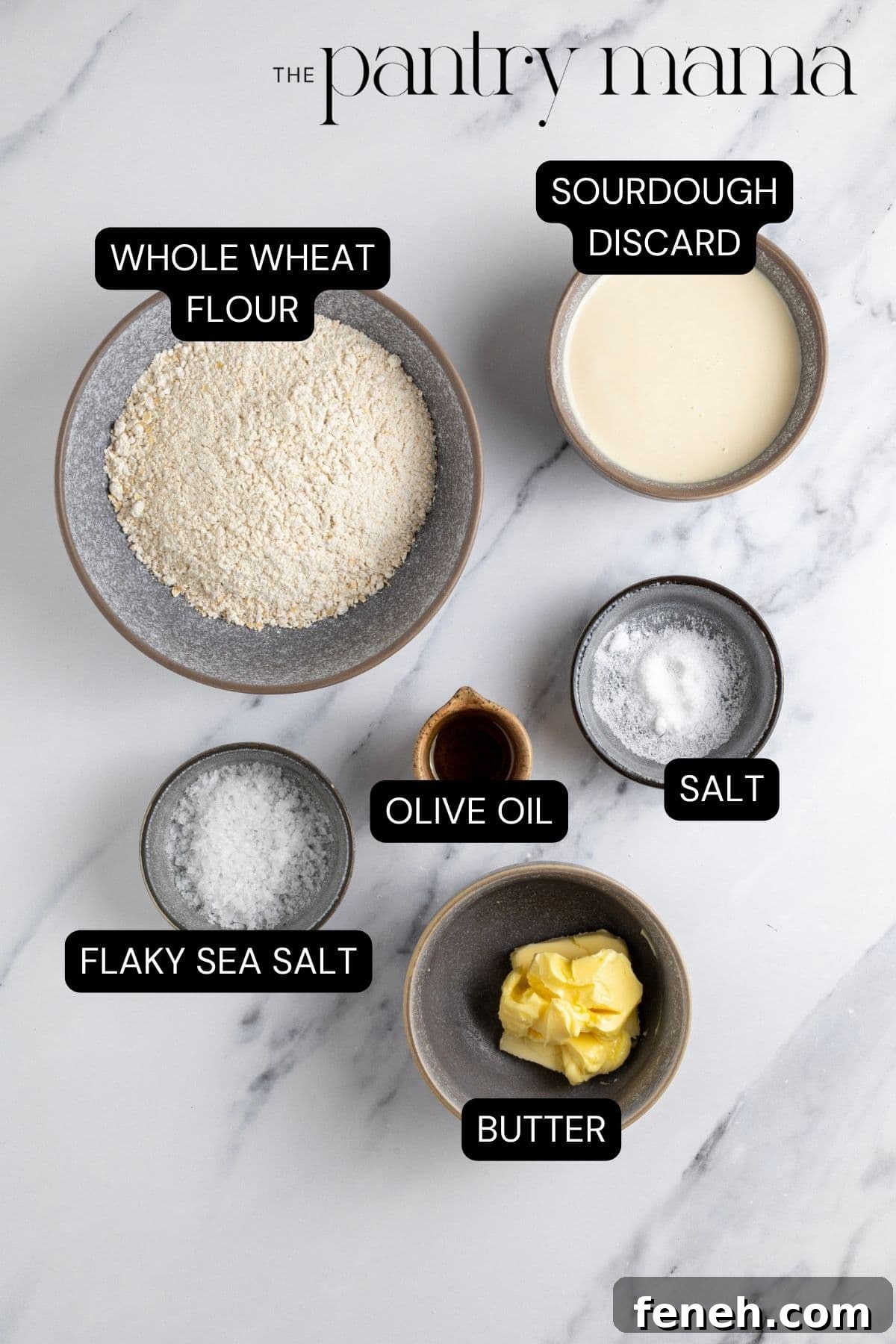 Crispy Whole Wheat Sourdough Crackers Recipe 3 Flat lay of ingredients necessary to make whole wheat sourdough crackers.
