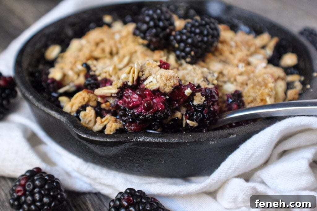 blackberry crumble with oat topping served in a 6-inch cast iron skillet topped with fresh blackberries.
