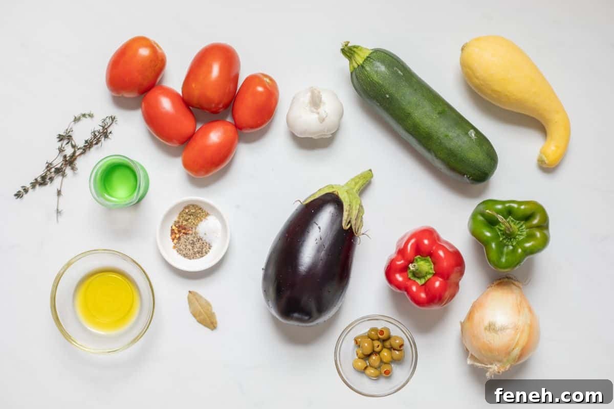 Ingredients for ratatouille on counter.