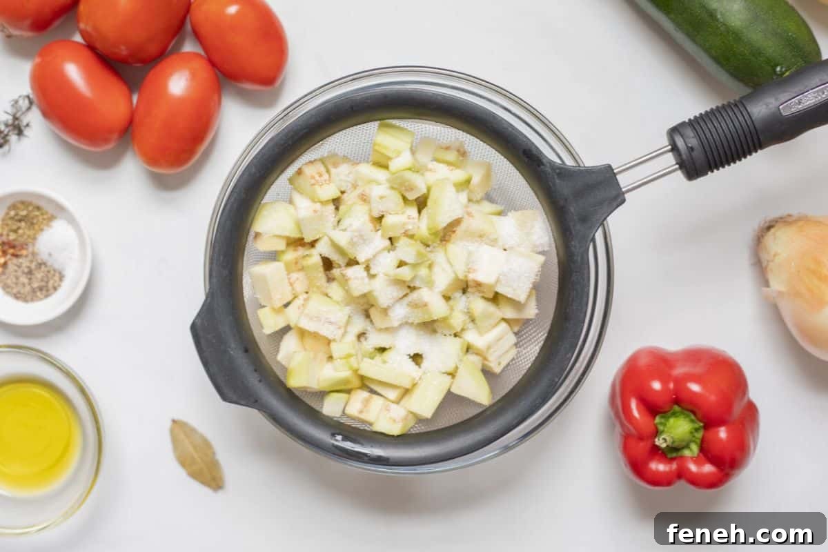 Peeled and cubed eggplant in fine mesh strainer next to ingredients for Classic Ratatouille.