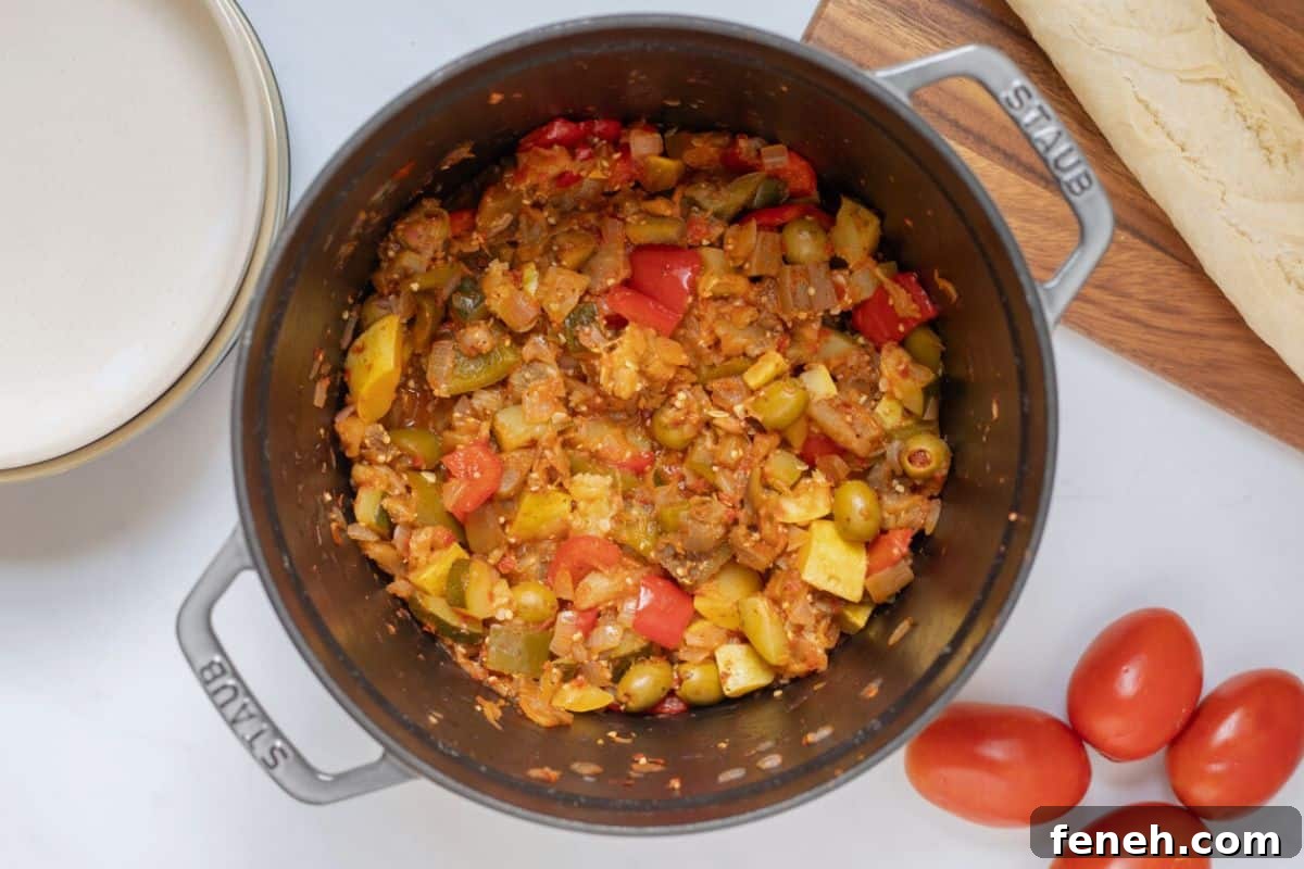Ratatouille Stew in large stock pan after being cooked down and simmered until thick.