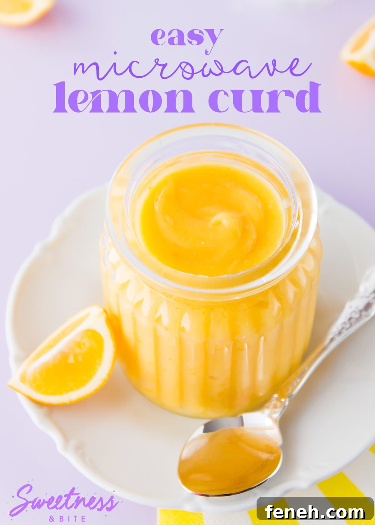 Microwave lemon curd in a ribbed glass jar, with a silver spoon on a purple background.