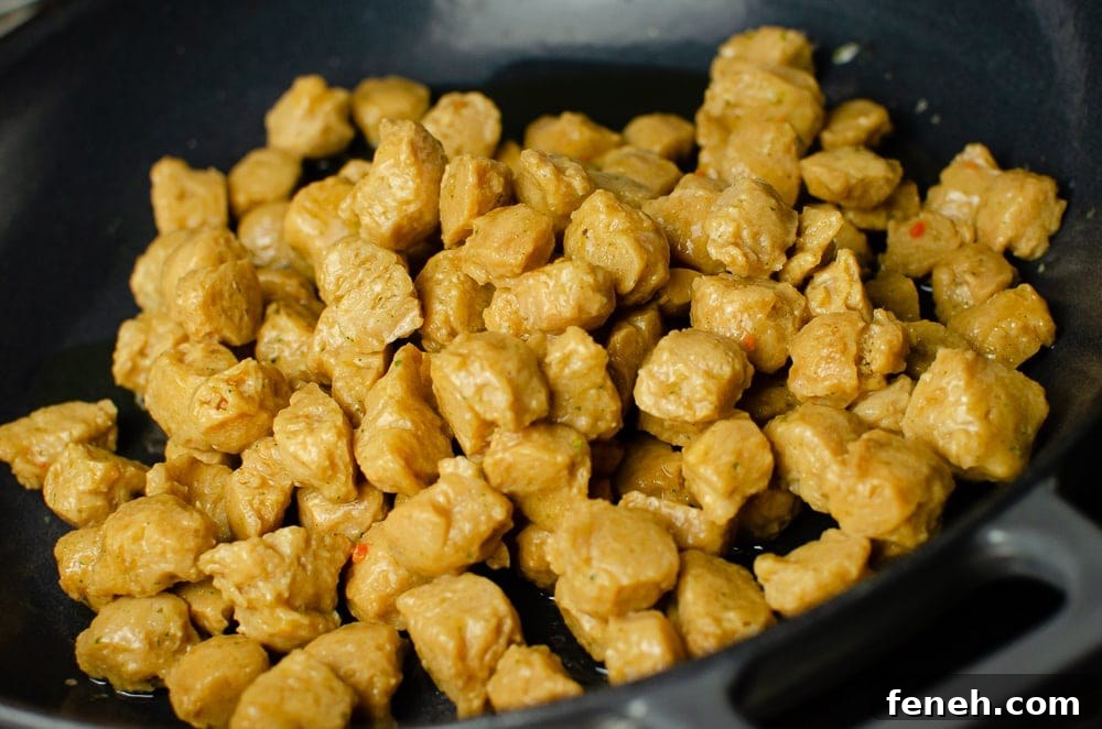 Frying the Textured Vegetable Protein in a cast iron pan 