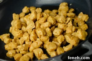 Frying the Textured Vegetable Protein in a cast iron pan