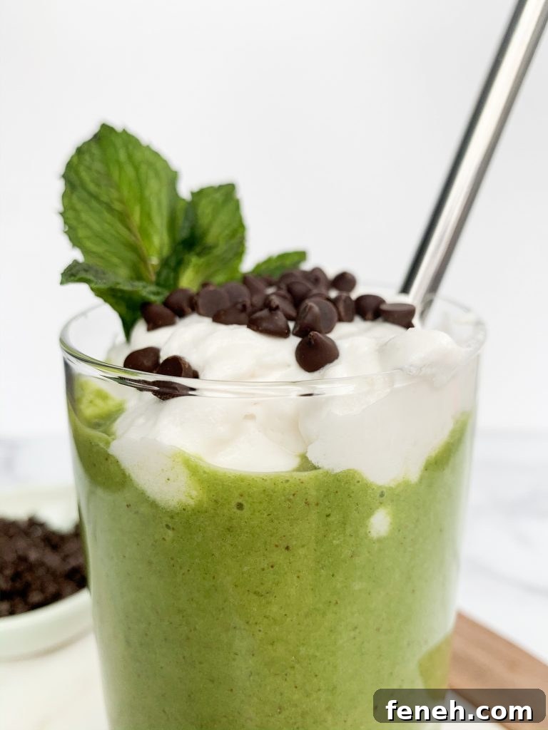 close up shot of a green smoothie with a metal straw