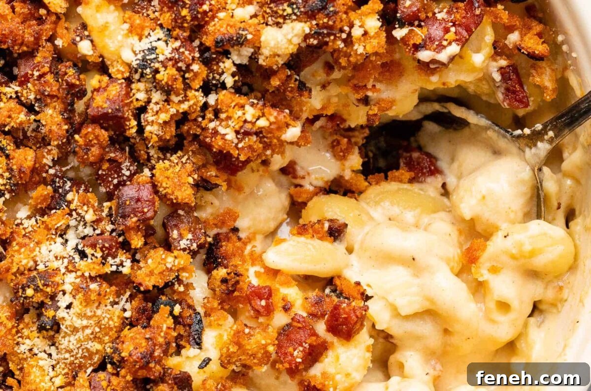 close up on macaroni and cheese topped with chorizo crumbs