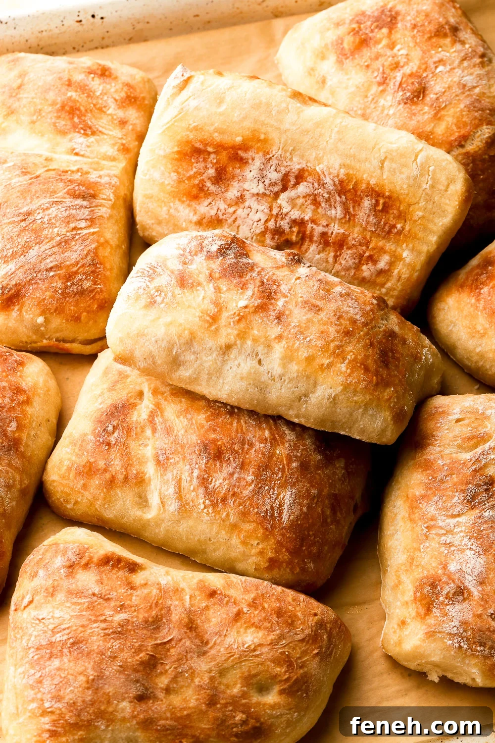 gorgeous fluffy ciabatta rolls on a baking sheet - baran bakery