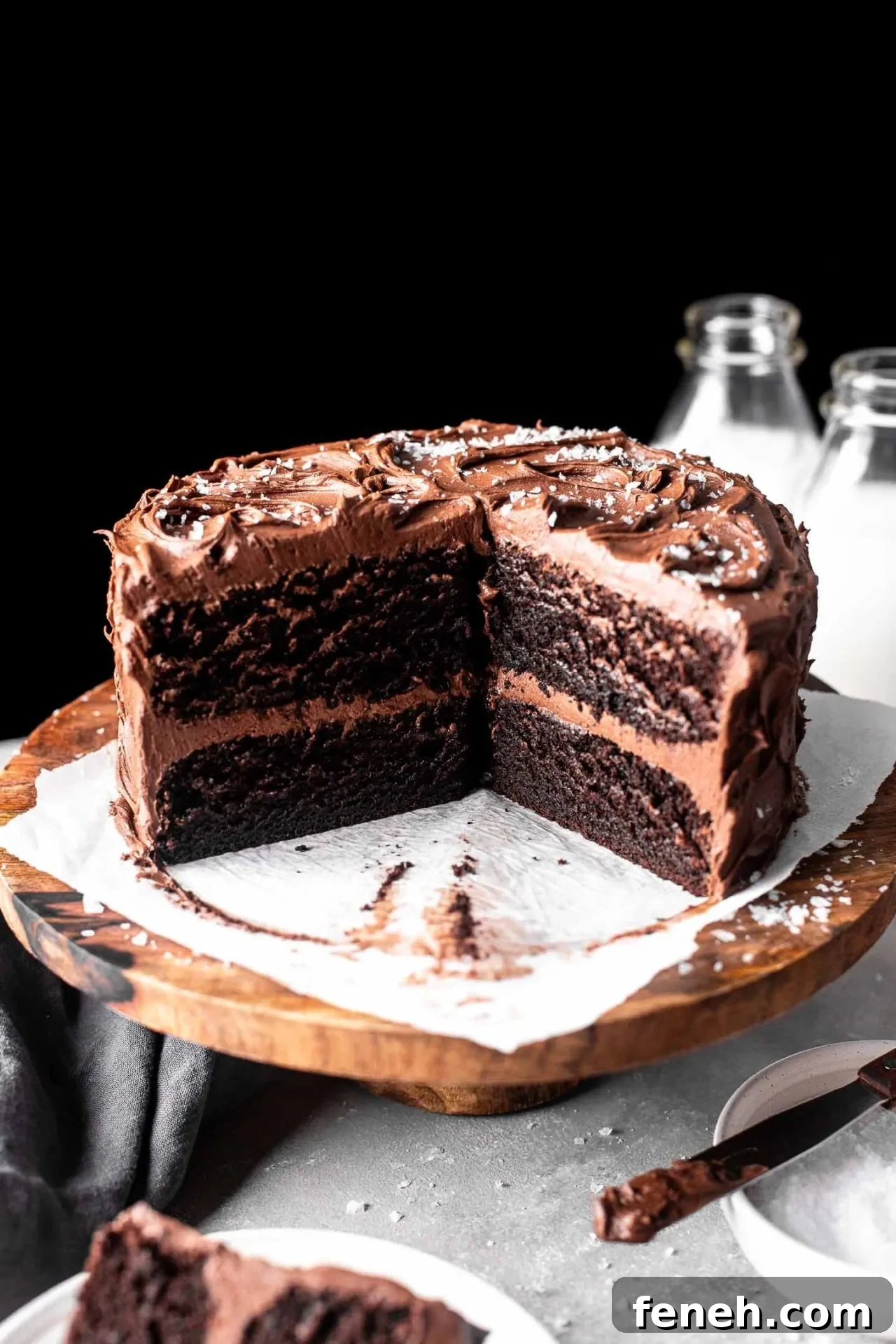 sliced gluten free chocolate cake on cake stand (3)