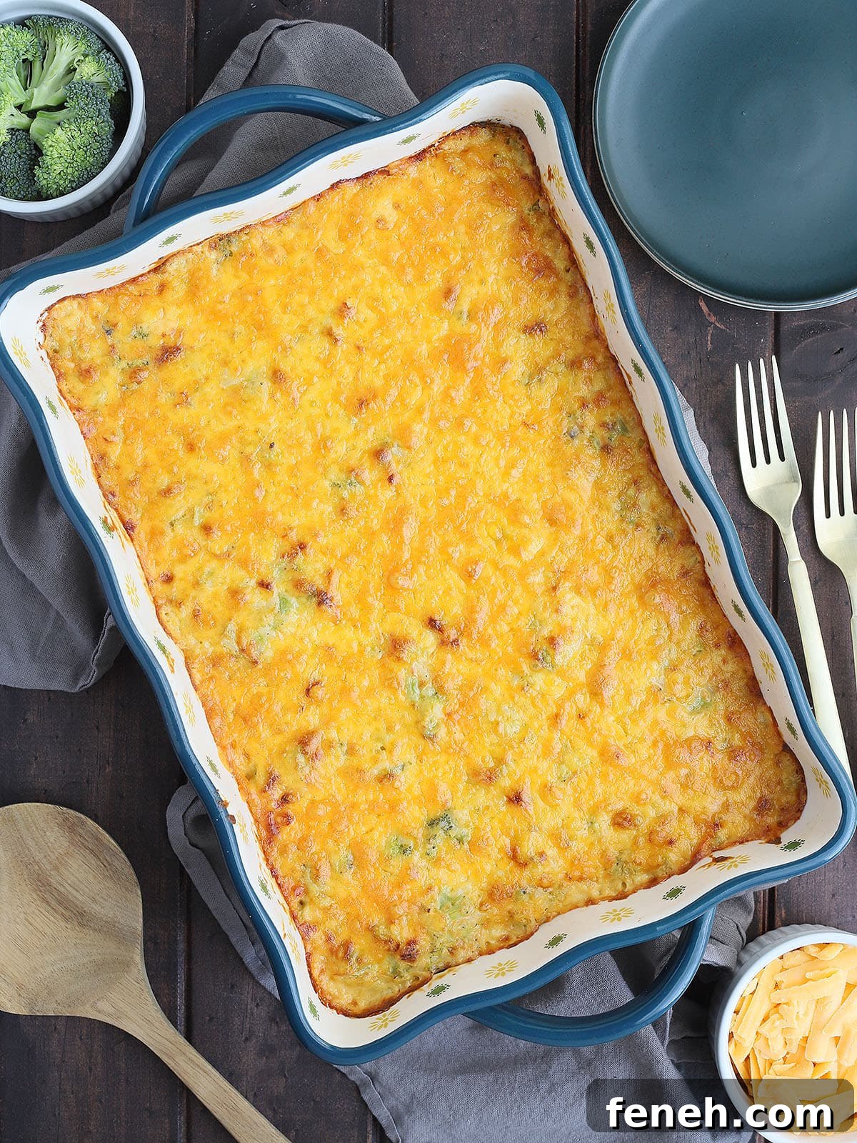 baked cheesy broccoli casserole ready to be served