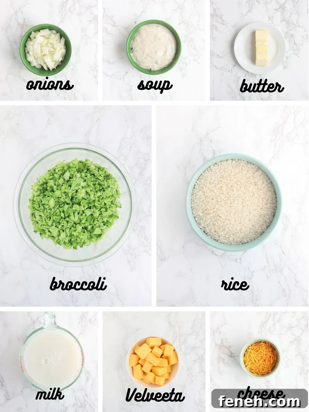 collage of ingredients needed to make cheesy broccoli casserole