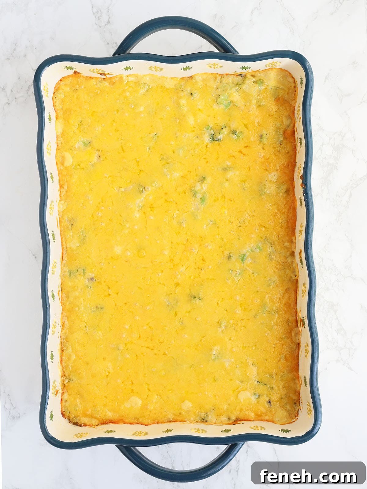 cheesy broccoli casserole just out of the oven