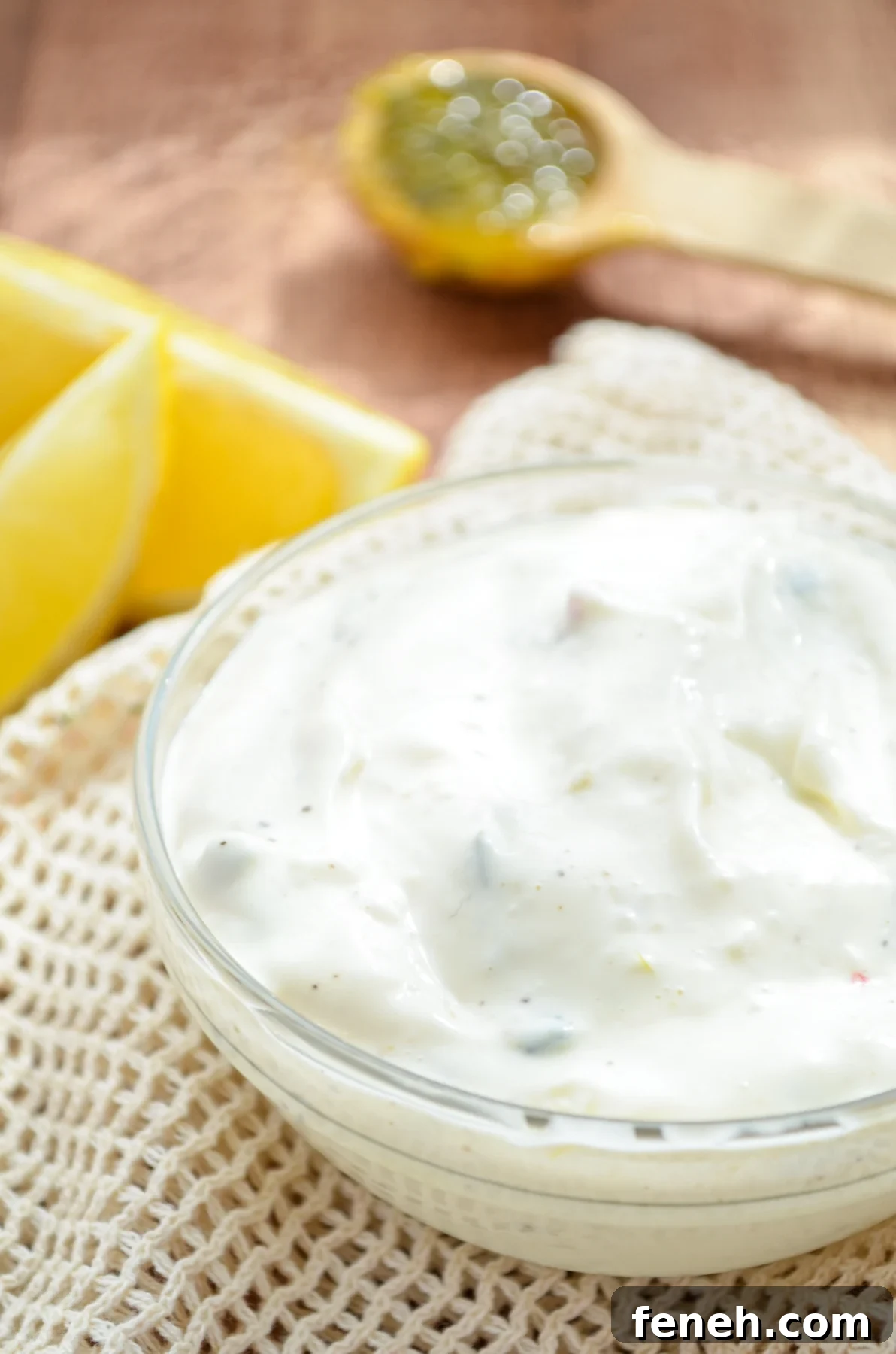 A small bowl of tartar sauce, some lemon wedges in the top corner.