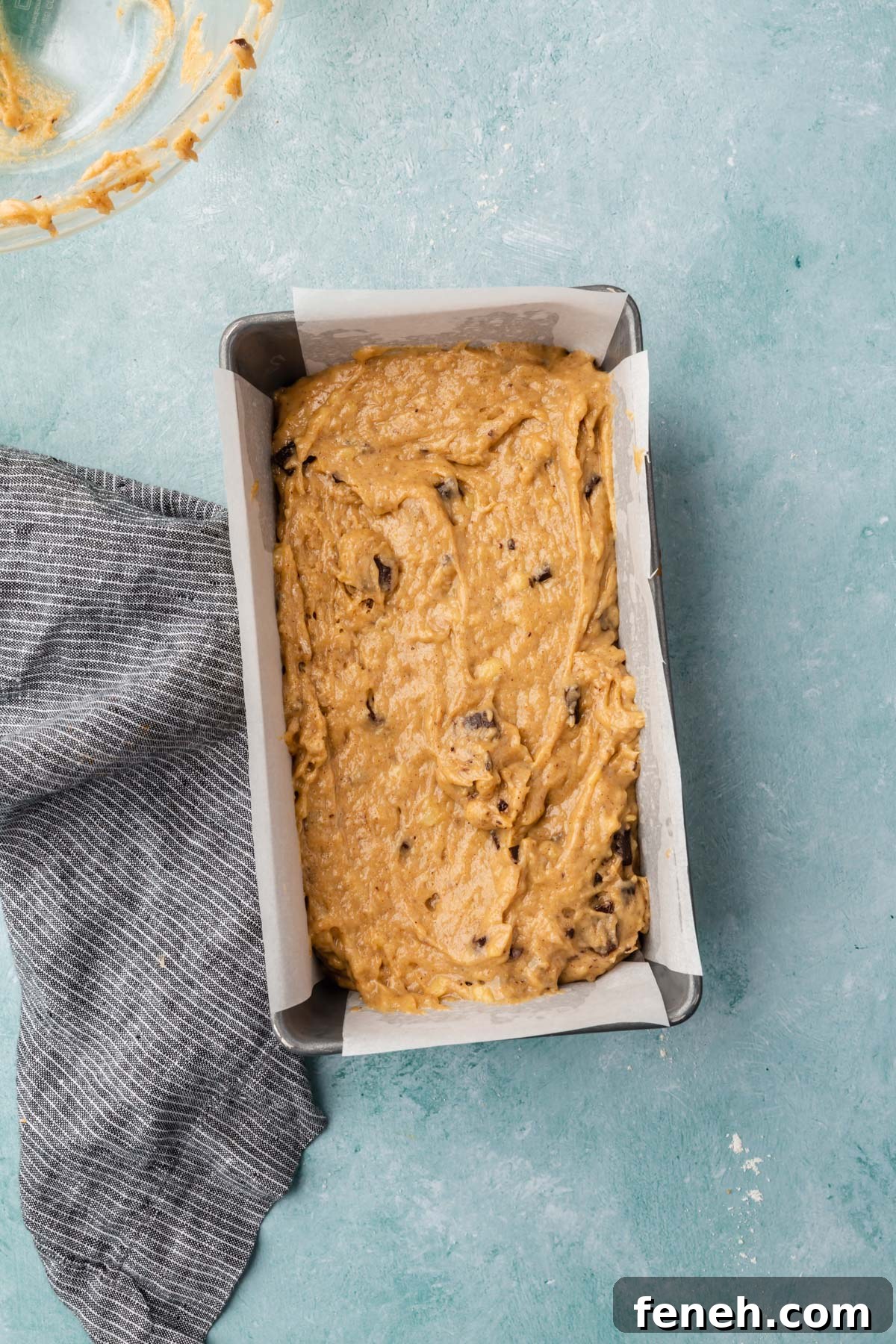 Batter in a loaf pan before baking.