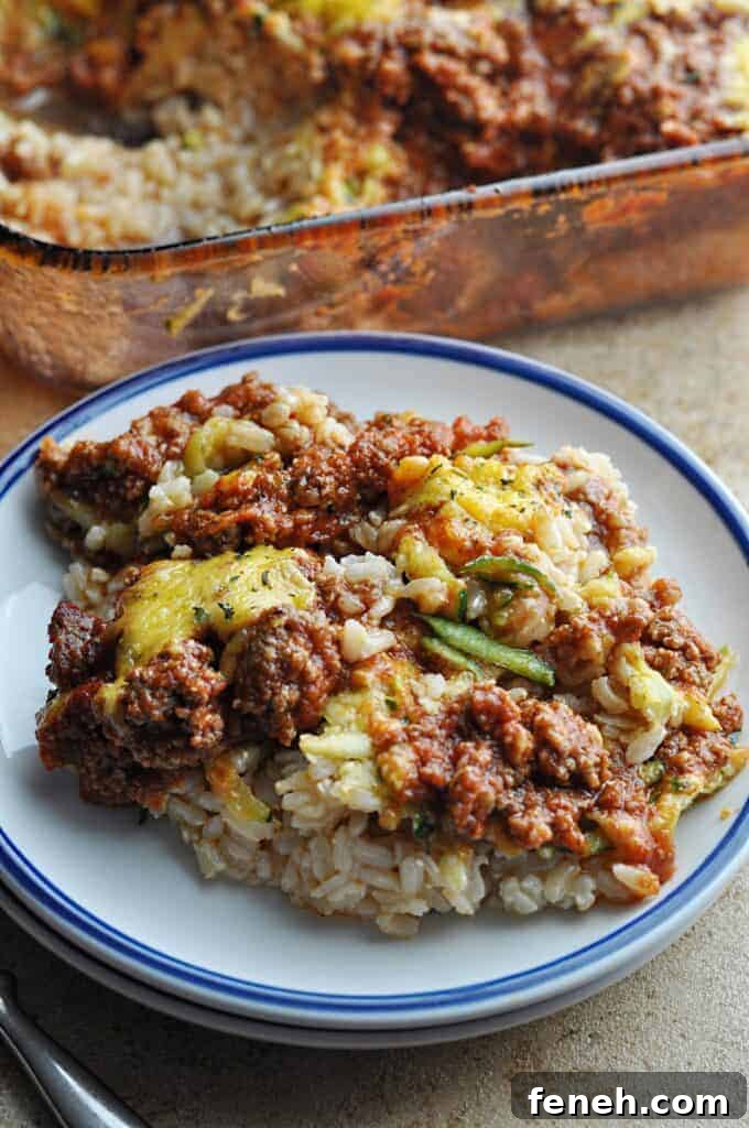 Ground Beef Rice Casserole with Zucchini on plate