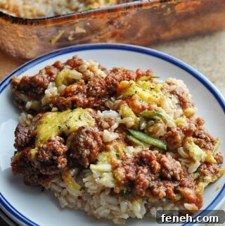 Ground Beef Rice Casserole with Zucchini on plate