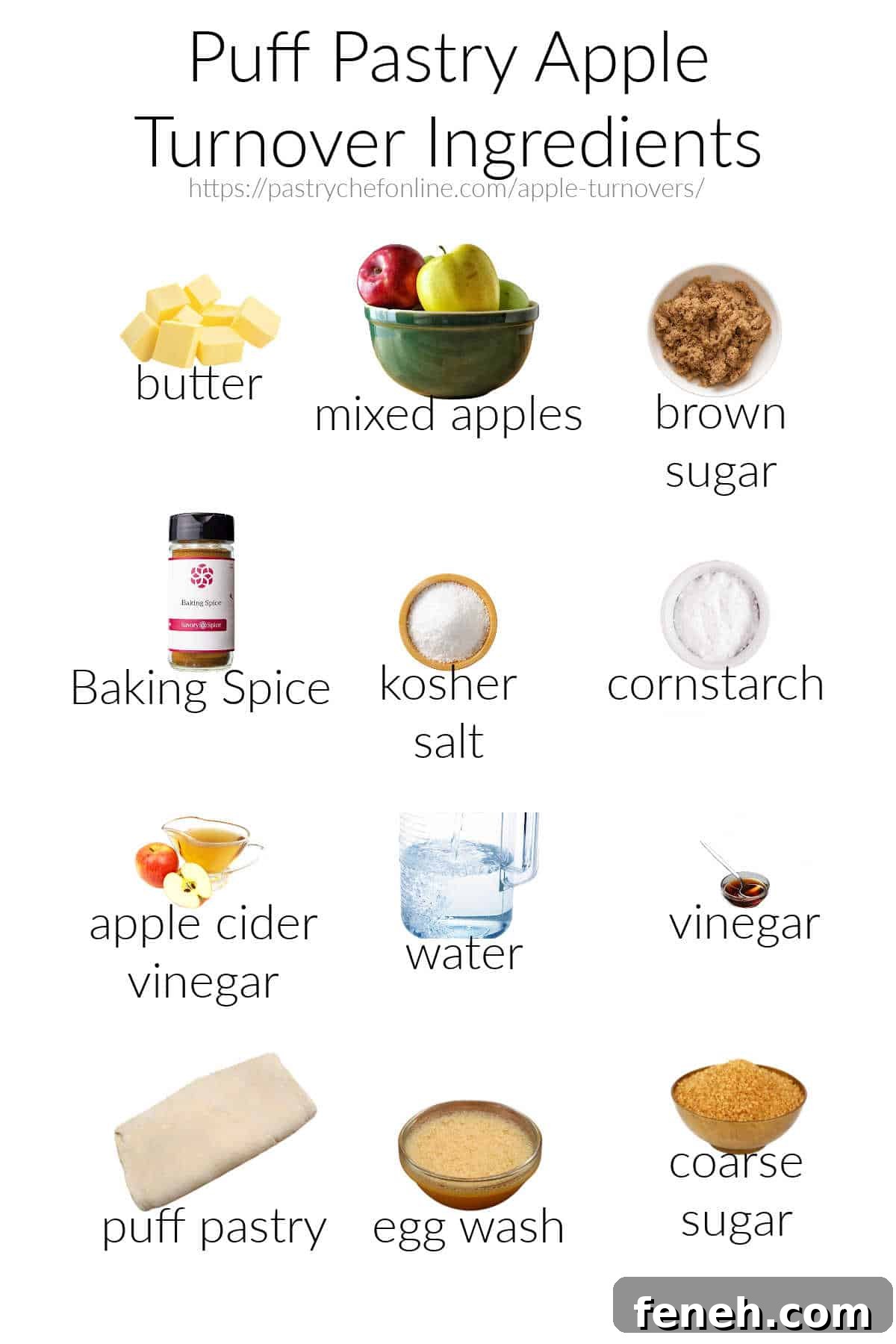 All the ingredients needed to make apple turnovers, labeled and on a white background.