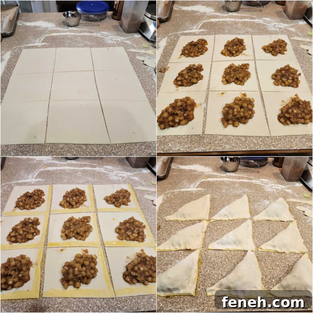 A collage of 4 images. The first is a large piece of puff pastry cut into 9 squares, 3 x 3. The second shows a pile of apple compote in each square. The third shows the same with egg wash added to 2 adjoining sides of each square of pastry, and the fourth shows the pastries folded into triangles enclosing the compote.